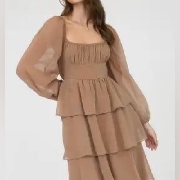 Nordstrom Tiered Long Sleeve Midi Dress in Taupe - Picture 2 of 6